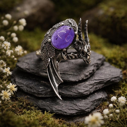 Dragon Ring with Amethyst,  925 Sterling Silver - Adjustable Gothic Statement Jewellery
