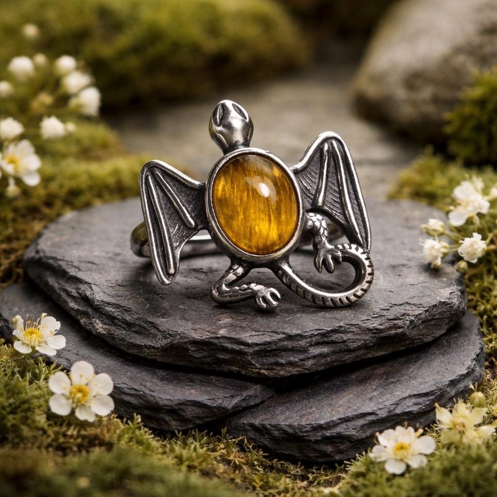 Celtic Dragon Ring with Golden Rutile in 925 Sterling Silver - Adjustable Gothic Jewellery