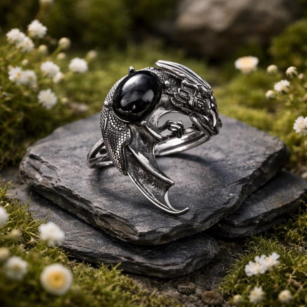 Dragon Ring with Hypersthene in 925 Sterling Silver - Adjustable Gothic Jewellery Celtic Dragon Jewellery