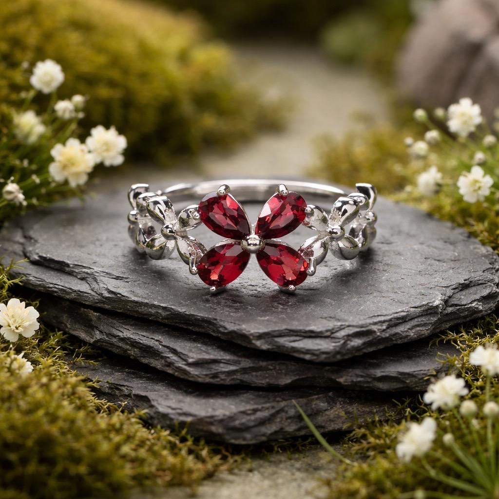 Garnet Flower Ring in 925 Sterling Silver with Adjustable Band Celtic Dragon Jewellery