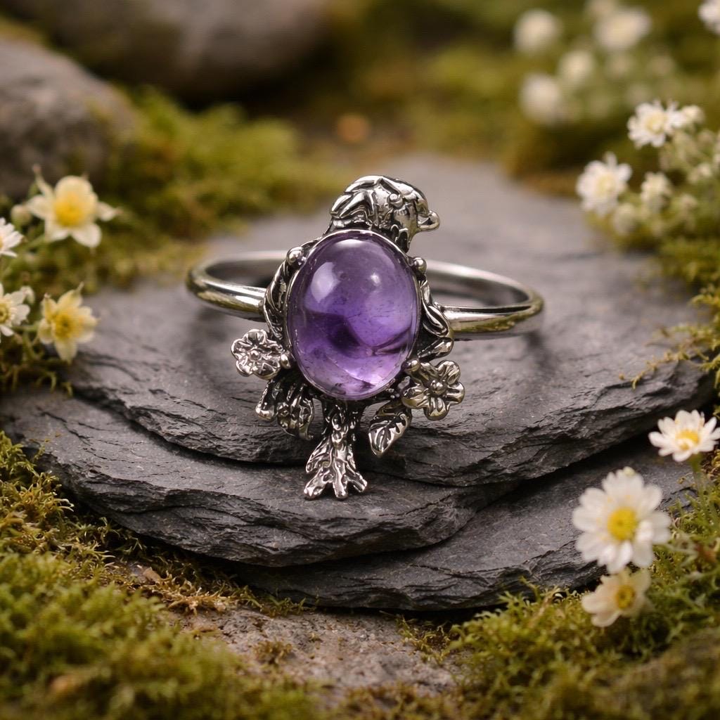 Bird Ring with Amethyst, 925 Sterling Silver & Adjustable Band Celtic Dragon Jewellery