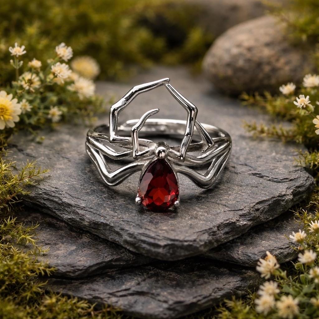 Spider Ring with Red Garnet in 925 Sterling Silver & Adjustable Band Celtic Dragon Jewellery
