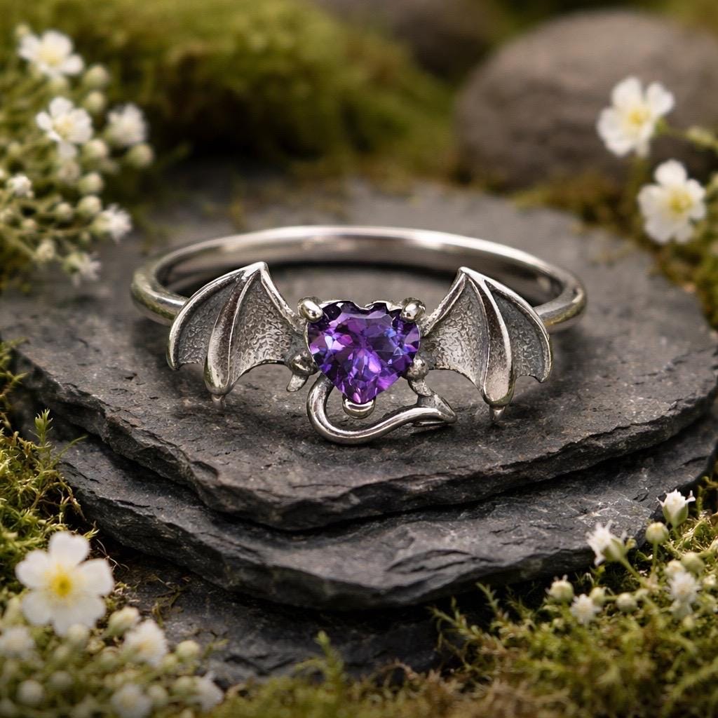 Bat Ring with Amethyst Heart in 925 Sterling Silver & Adjustable Band Celtic Dragon Jewellery