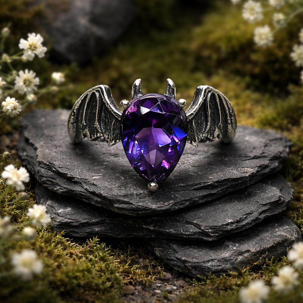 Bat Ring with Amethyst in 925 Sterling Silver & Adjustable Band - Gothic Vampire Jewellery Celtic Dragon Jewellery