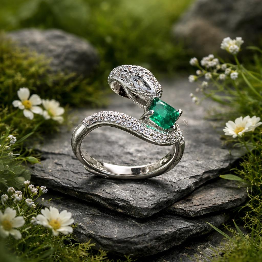 Sterling Silver Snake Ring with Emerald & Pave CZ Accents – Adjustable Gothic Statement Jewellery Celtic Dragon Jewellery