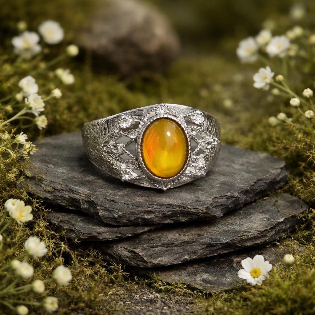 Orange Opal Ring With CZ Accents in 925 Sterling Silver & Adjustable Band Celtic Dragon Jewellery