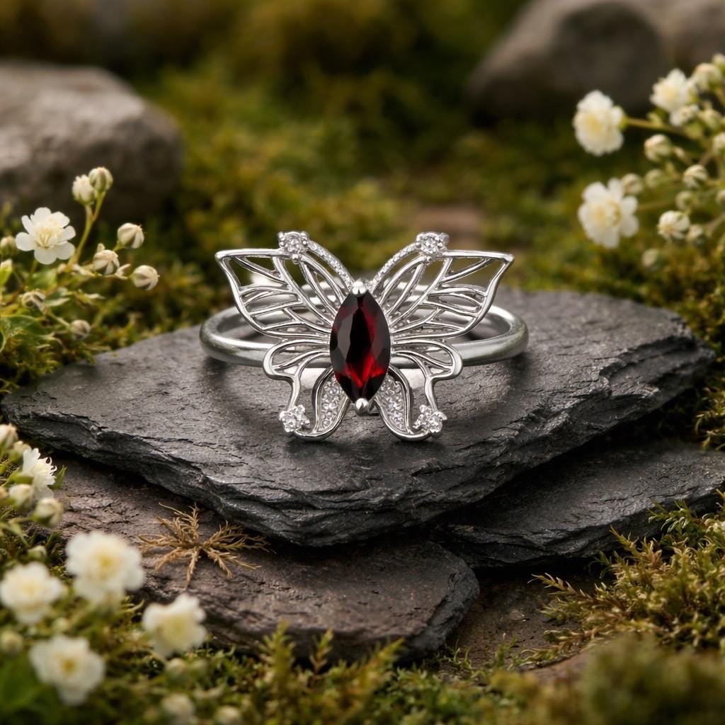 Filigree Butterfly Ring With Garnet in 925 Sterling Silver & Adjustable Band Celtic Dragon Jewellery