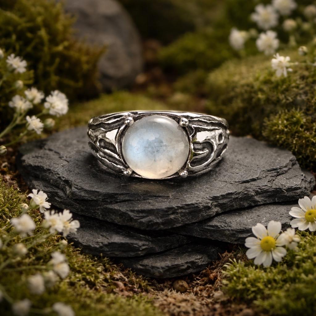 Rainbow Moonstone Ring in 925 Sterling Silver - Chunky Claw Set Adjustable Band Celtic Dragon Jewellery