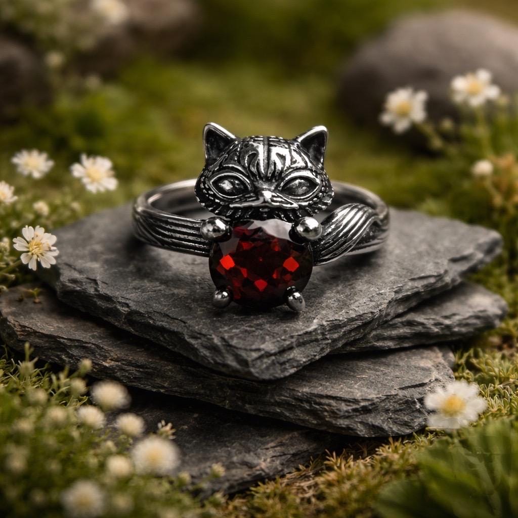 Whimsical Fox Ring With Red Garnet in 925 Sterling Silver & Adjustable Band Celtic Dragon Jewellery