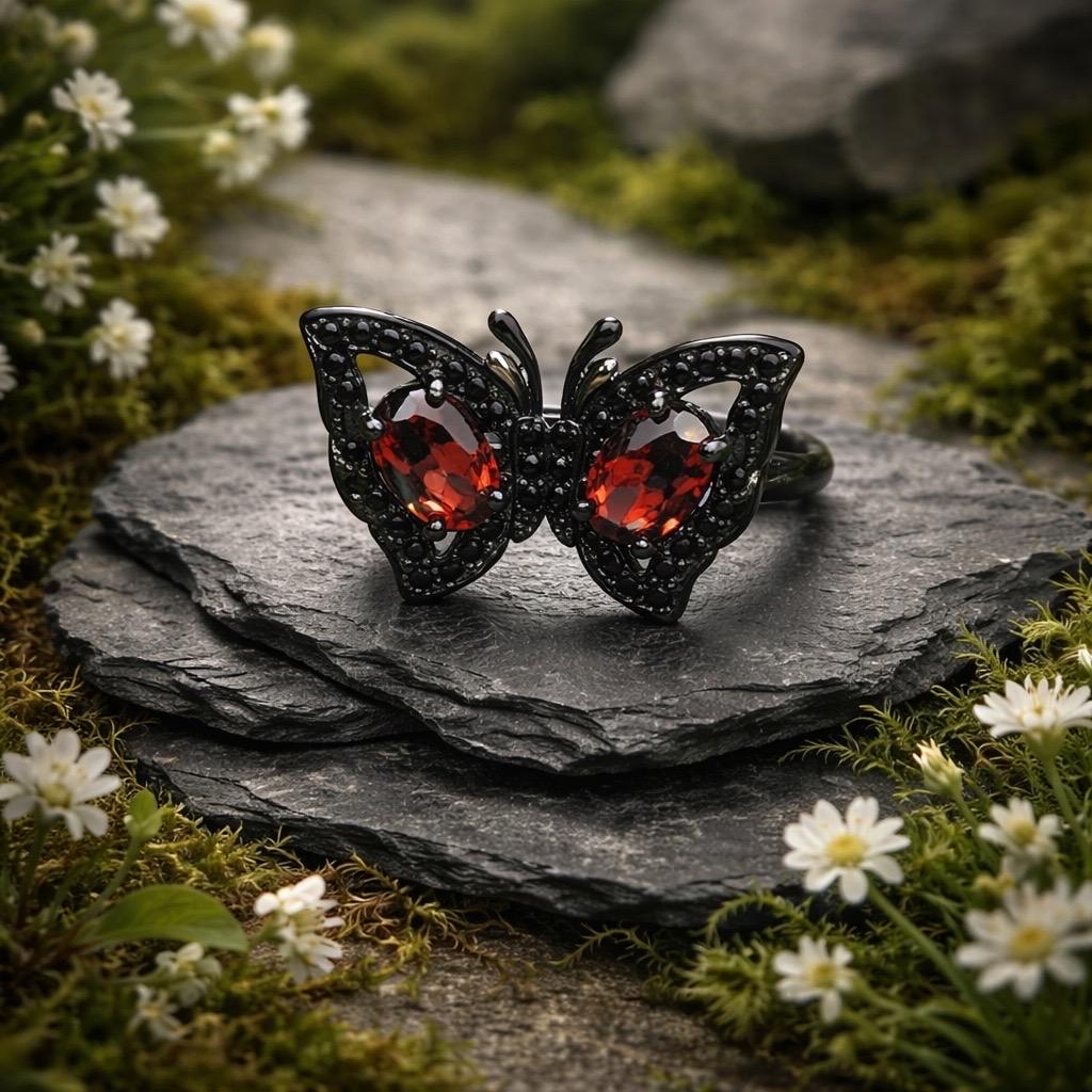 Butterfly Ring with Garnet in Black Ruthenium Sterling Silver & Adjustable Band Celtic Dragon Jewellery