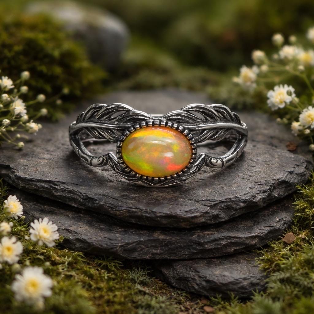 Orange Opal Ring with Leaf Design in 925 Sterling Silver & Adjustable Band Celtic Dragon Jewellery
