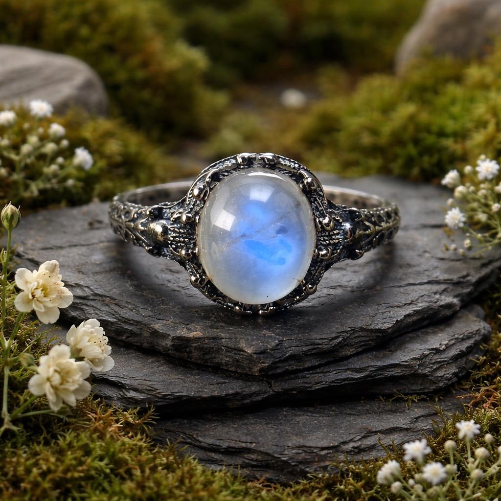 Medusa Ring with Oval Moonstone in Oxidised Sterling Silver, Gothic Mythology Jewellery Celtic Dragon Jewellery