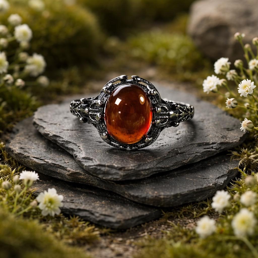 Medusa Ring with Oval Garnet in Oxidised Sterling Silver, Adjustable Band, Mythology Jewellery Celtic Dragon Jewellery