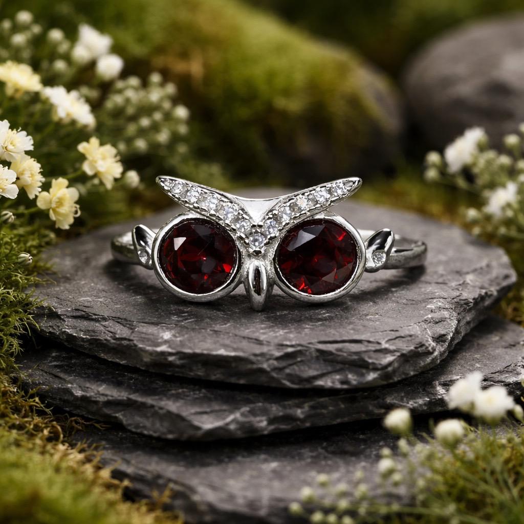 Owl Ring with Garnet Eyes in 925 Sterling Silver - Adjustable Woodland Gothic Jewellery Celtic Dragon Jewellery