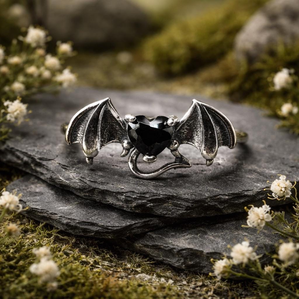 Bat Ring with Black Spinel in 925 Sterling Silver & Adjustable Gothic Vampire Jewellery Celtic Dragon Jewellery