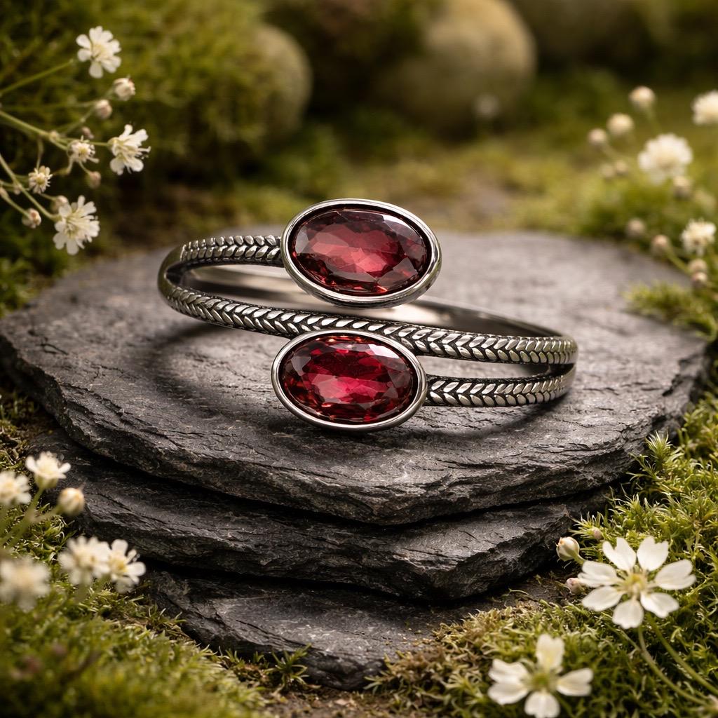 Double Garnet Ring in 925 Sterling Silver with Adjustable Band Celtic Dragon Jewellery
