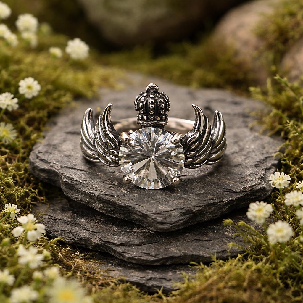 Sterling Silver Crowned Angel Wing Ring with Clear Quartz – Gothic Fantasy Jewellery Celtic Dragon Jewellery