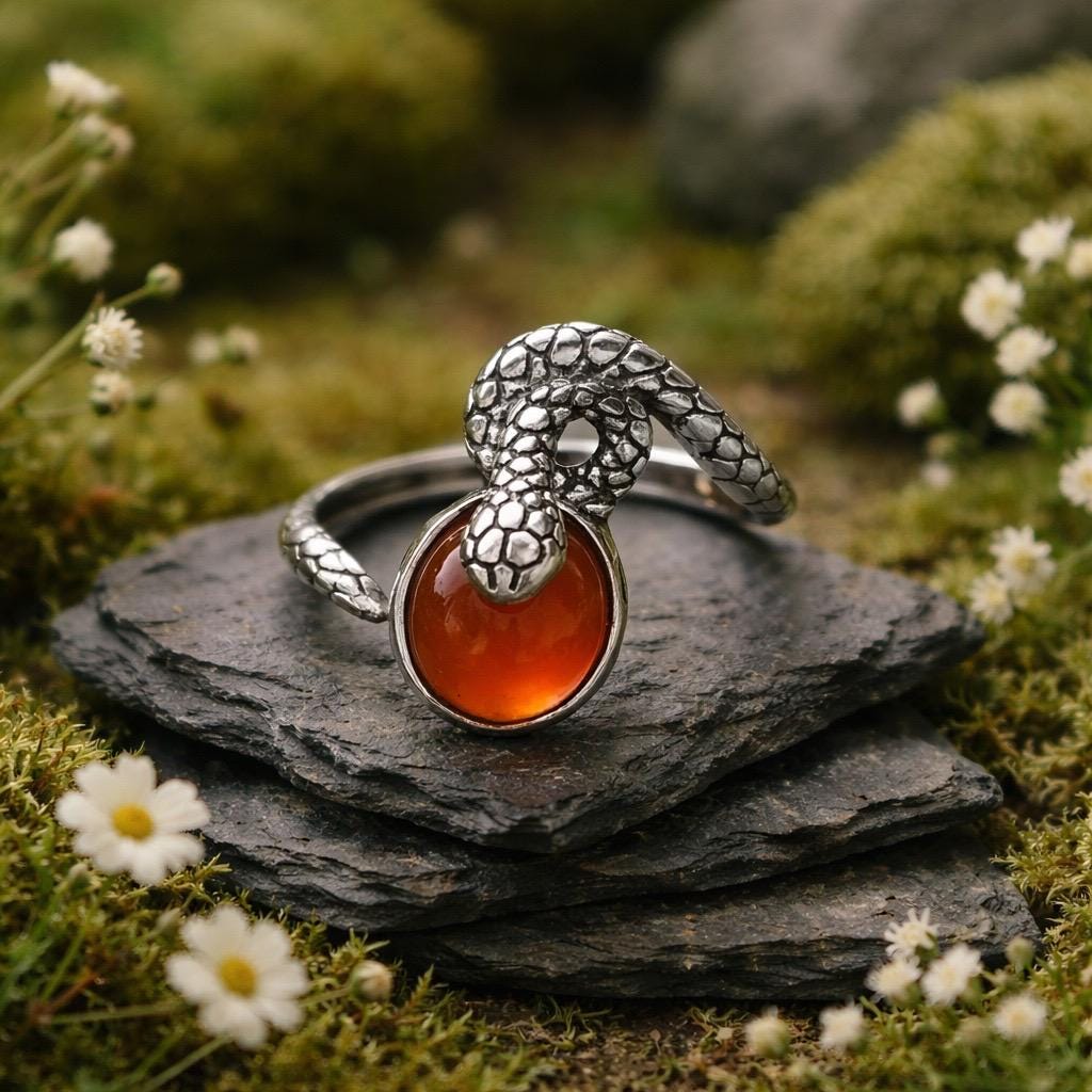 Snake Ring with Garnet in 925 Sterling Silver - Adjustable Gothic Serpent Jewellery Celtic Dragon Jewellery