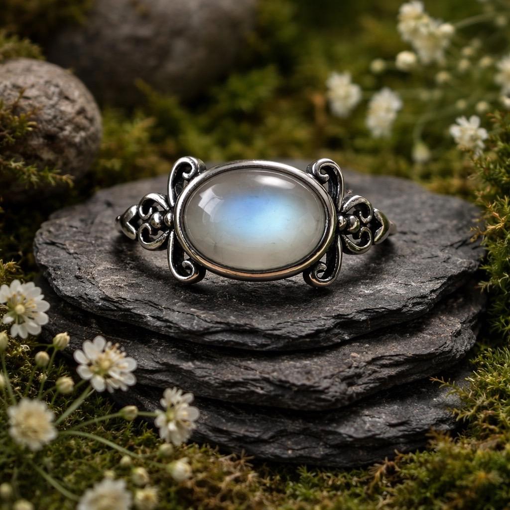 Moonstone Ring in 925 Sterling Silver with Dainty Filigree Style - Adjustable Band Celtic Dragon Jewellery