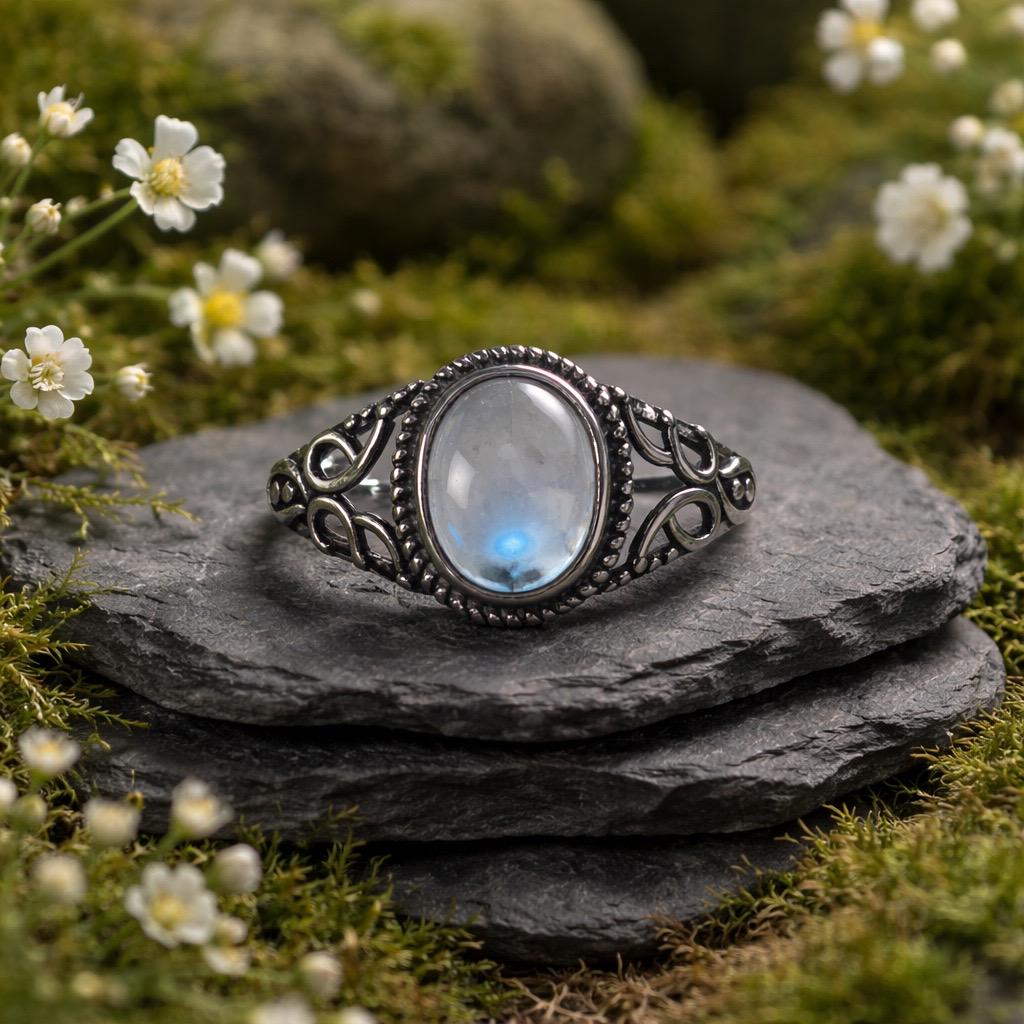 Moonstone Ring in 925 Sterling Silver with Celtic Style & Adjustable Band Celtic Dragon Jewellery