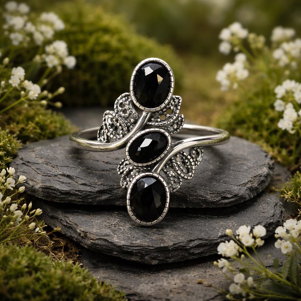Triple Black Spinel Ring in 925 Sterling Silver - Adjustable Goth Statement Jewellery Celtic Dragon Jewellery