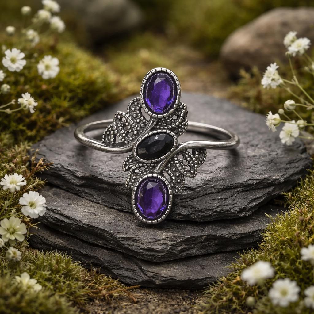 Amethyst Black Spinel Leaf Ring – Sterling Silver - Adjustable Goth Statement Jewellery Celtic Dragon Jewellery