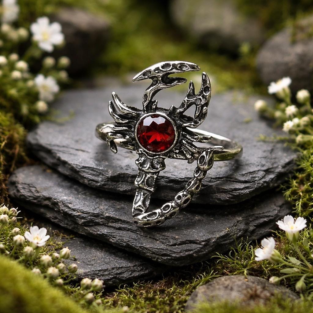 Scorpion Ring with Red Garnet in 925 Sterling Silver - Adjustable Goth Statement Jewellery Celtic Dragon Jewellery