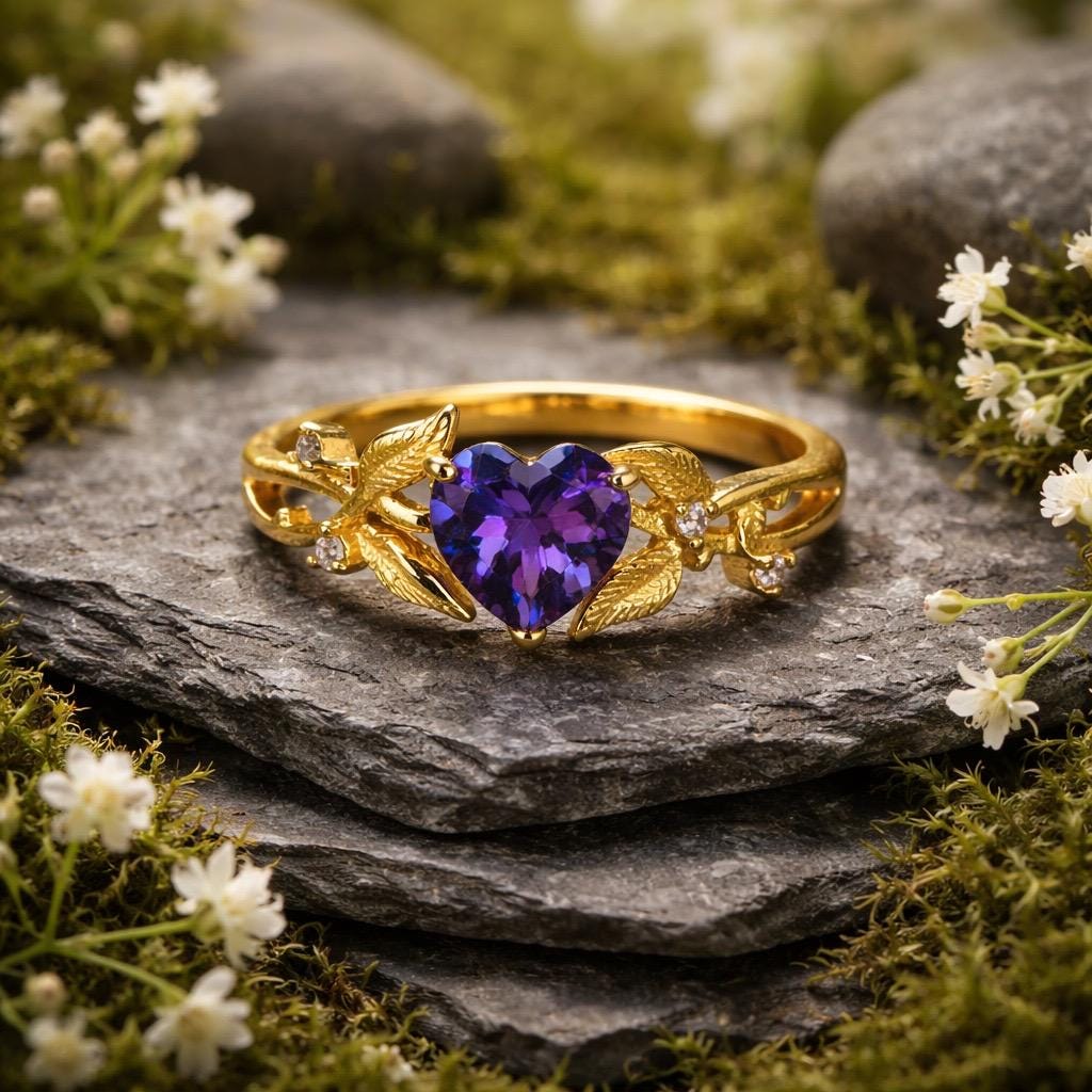 Amethyst Heart Ring in Gold Plated 925 Sterling Silver with Adjustable Band - Vine Design Celtic Dragon Jewellery
