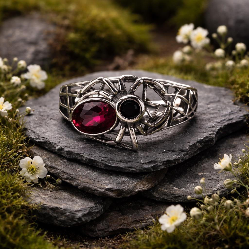 Spider Ring with Black Spinel & Garnet in 925 Sterling Silver - Adjustable Gothic Jewellery Celtic Dragon Jewellery