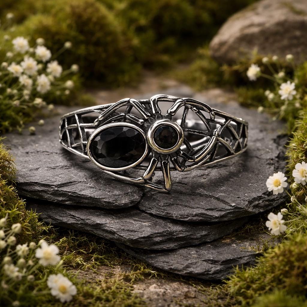 Spider Ring with Black Spinel in 925 Sterling Silver - Adjustable Gothic Jewellery Celtic Dragon Jewellery
