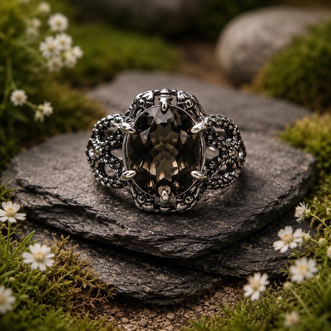 Snake Ring with Faceted Smoky Quartz in 925 Sterling Silver - Adjustable Gothic Serpent Jewellery Celtic Dragon Jewellery