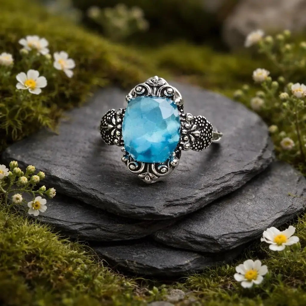 Fleur De Lys Aquamarine Ring in 925 Sterling Silver - Adjustable Gothic Jewellery Celtic Dragon Jewellery