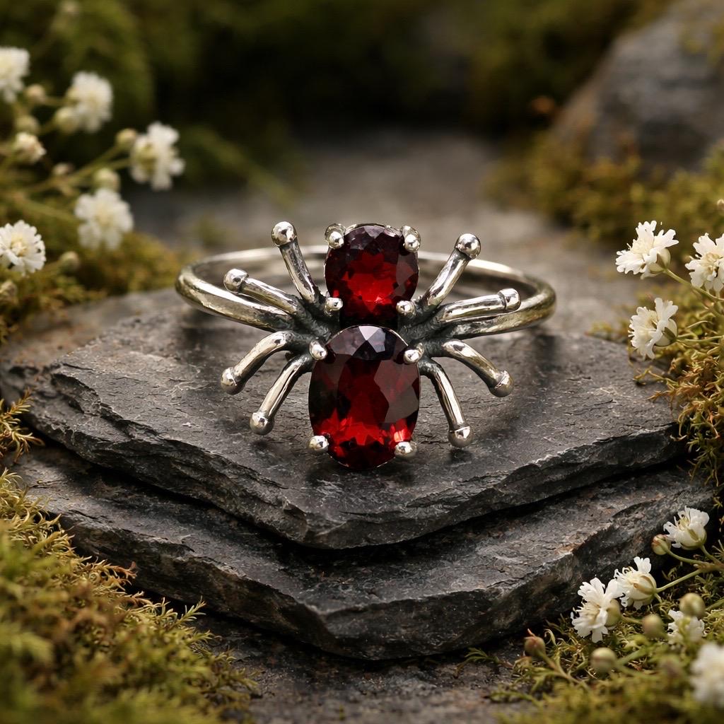 Spider Ring with Red Garnet in 925 Sterling Silver - Adjustable Gothic Jewellery Celtic Dragon Jewellery