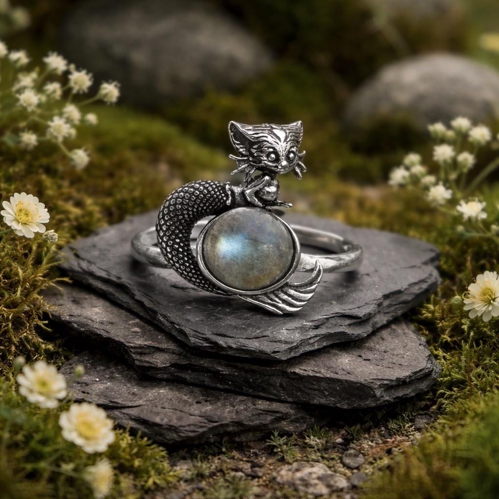 Naga Ring With Labradorite Gemstone in 925 Sterling Silver - Adjustable Gothic Jewellery Celtic Dragon Jewellery