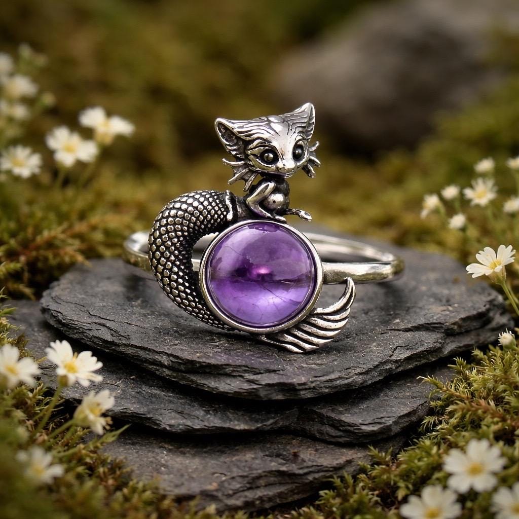 Naga Ring With Amethyst Gemstone in 925 Sterling Silver - Adjustable Gothic Jewellery Celtic Dragon Jewellery