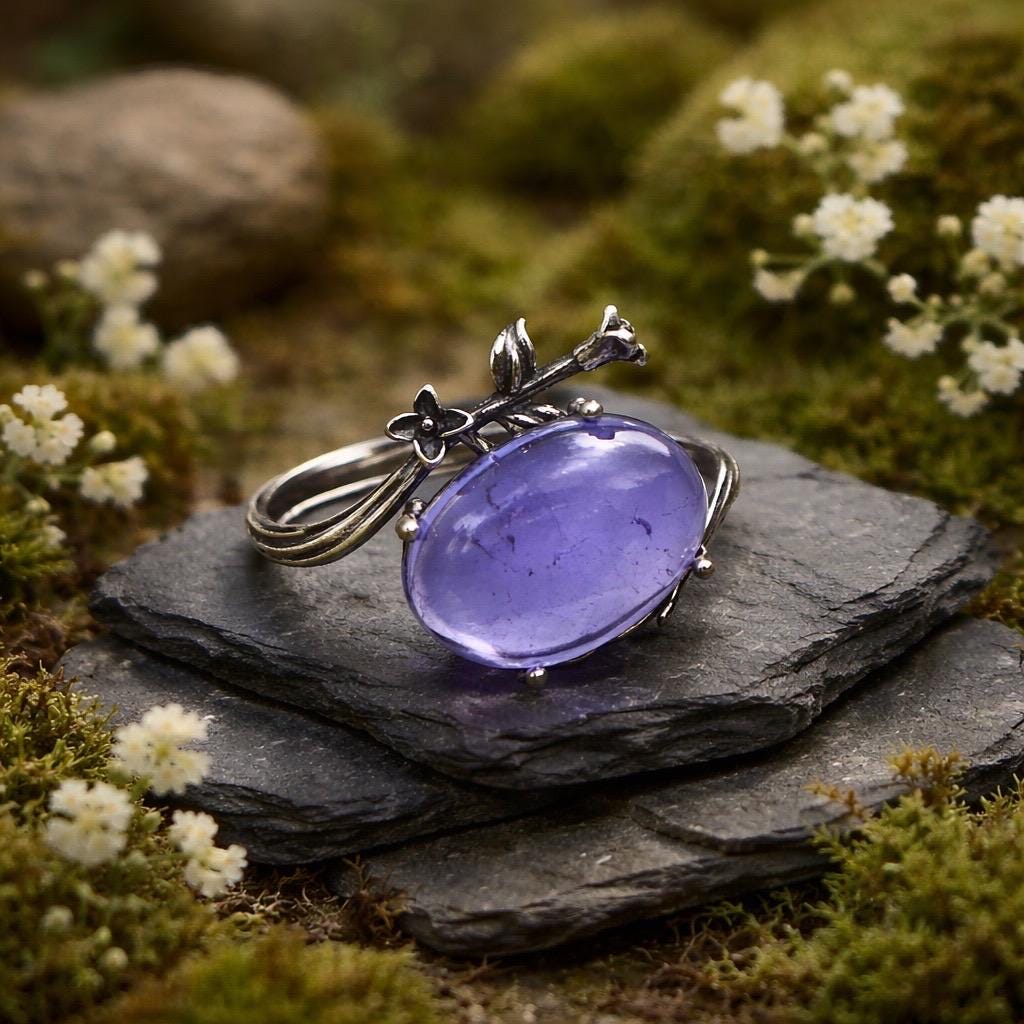 Oval Blue Fluorite Ring, Floral Sterling Silver, Adjustable Band Celtic Dragon Jewellery
