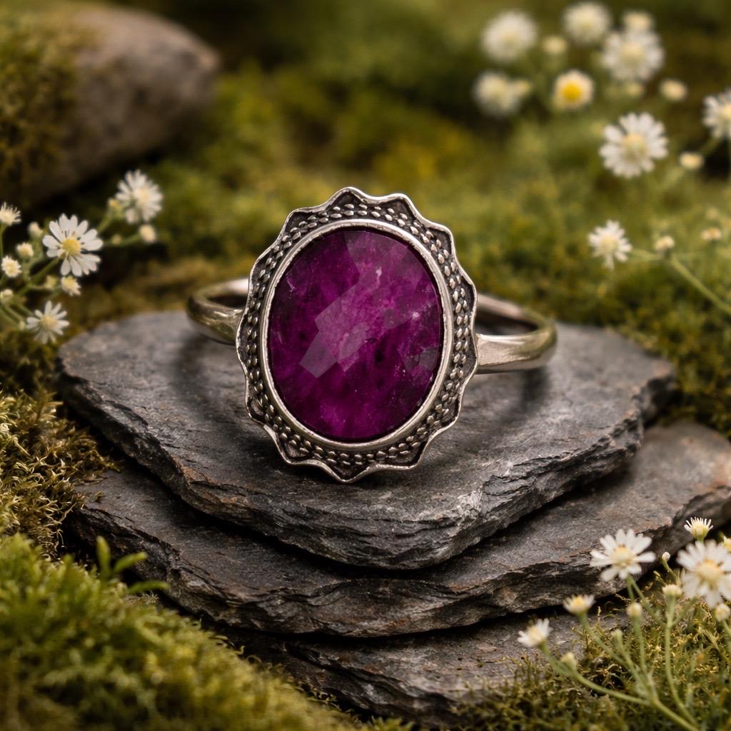 Oval Ruby Ring in 925 Sterling Silver with Adjustable Band Celtic Dragon Jewellery