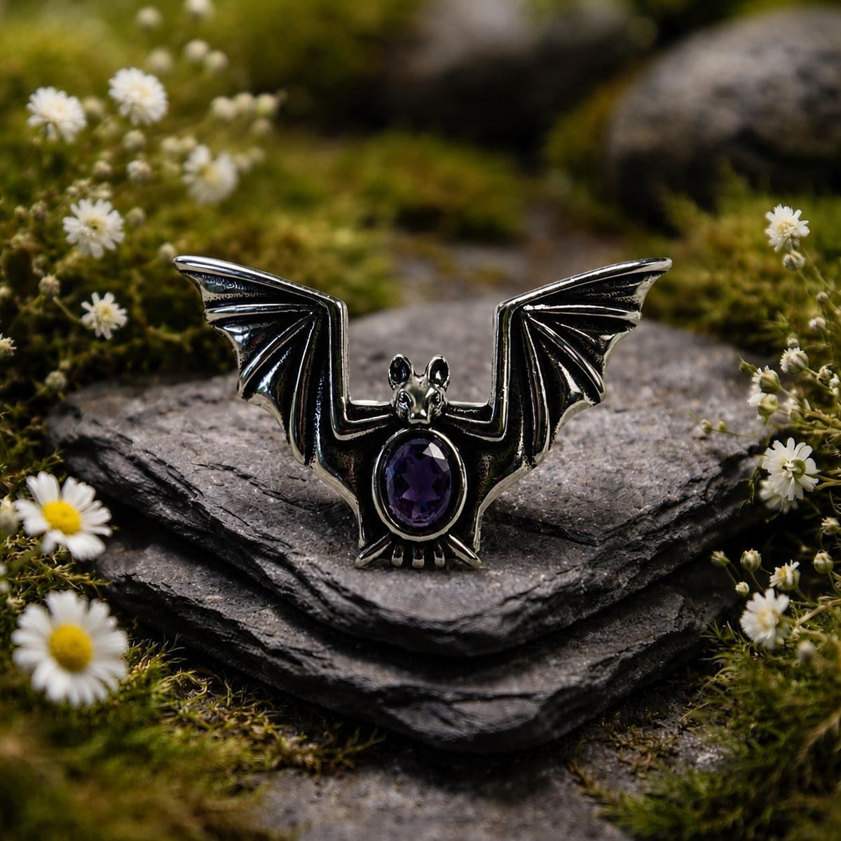 Flying Bat Ring with Amethyst in 925 Sterling Silver & Adjustable Band - Gothic Statement Jewellery Celtic Dragon Jewellery