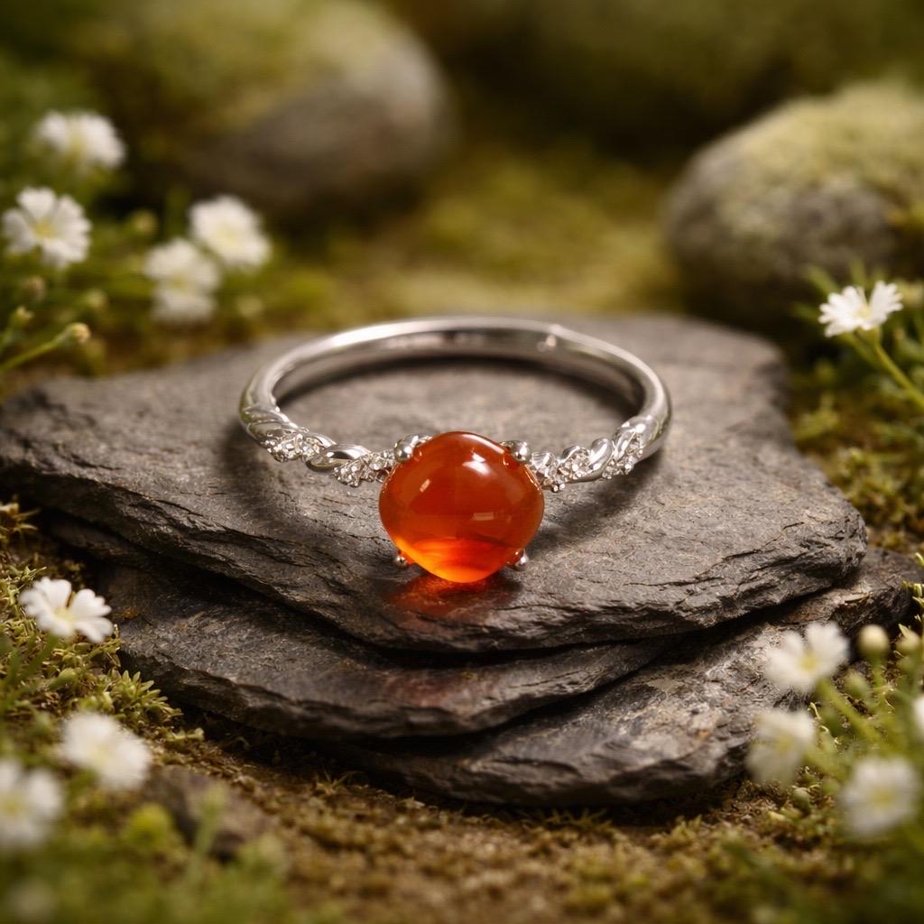 Orange Agate Solitaire Ring with CZ Accents in 925 Sterling Silver - Adjustable Minimalist Jewellery Celtic Dragon Jewellery