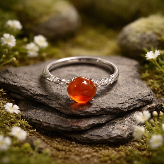 Orange Agate Solitaire Ring with CZ Accents in 925 Sterling Silver - Adjustable Minimalist Jewellery Celtic Dragon Jewellery