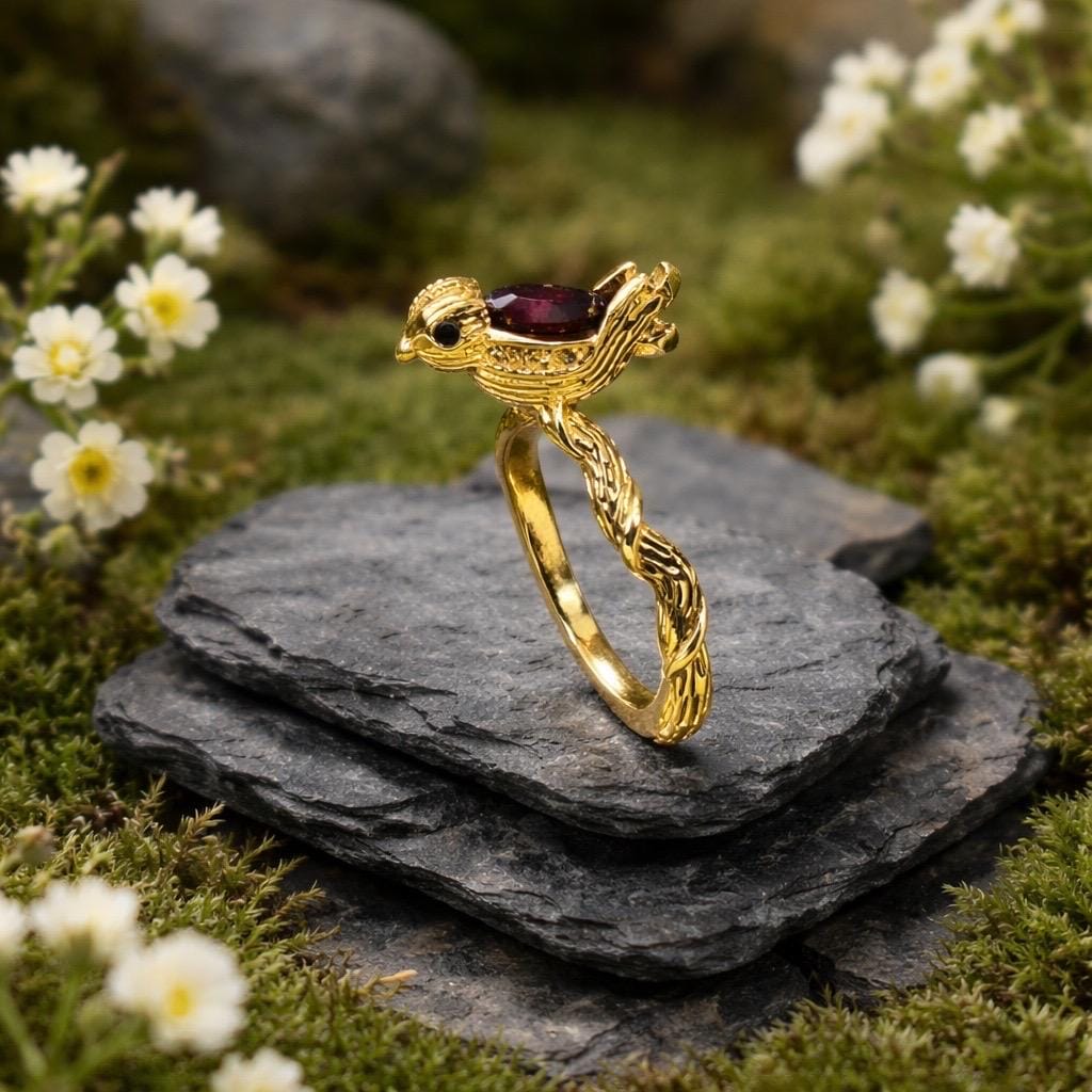 Gold Plated Sterling Silver Bird Ring with Garnet and CZ Accents – Adjustable Twig Design Celtic Dragon Jewellery