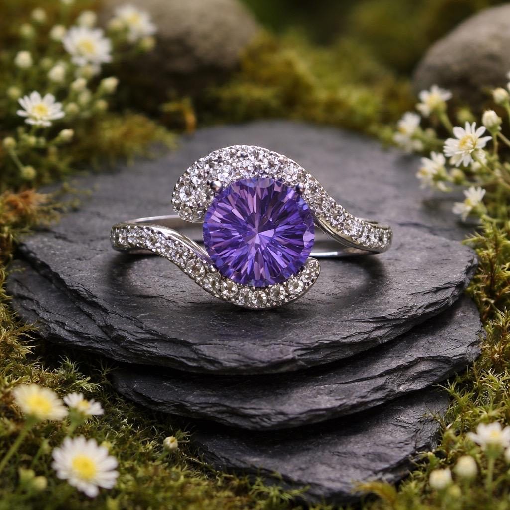 Snake Ring With Amethyst & CZ Accents in 925 Sterling Silver - Adjustable Gothic Serpent Jewellery Celtic Dragon Jewellery