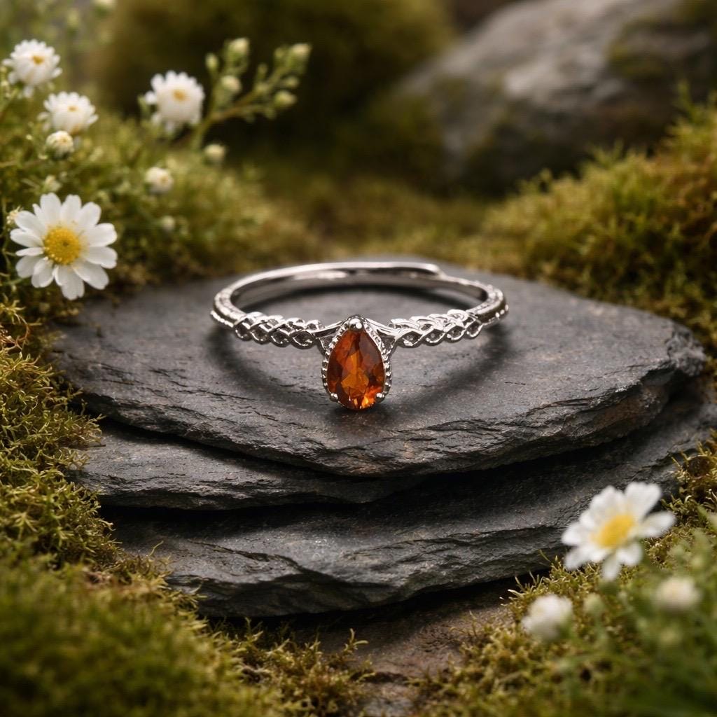 Orange Citrine Stacking Ring in 925 Sterling Silver - Adjustable Minimalist Jewellery Celtic Dragon Jewellery