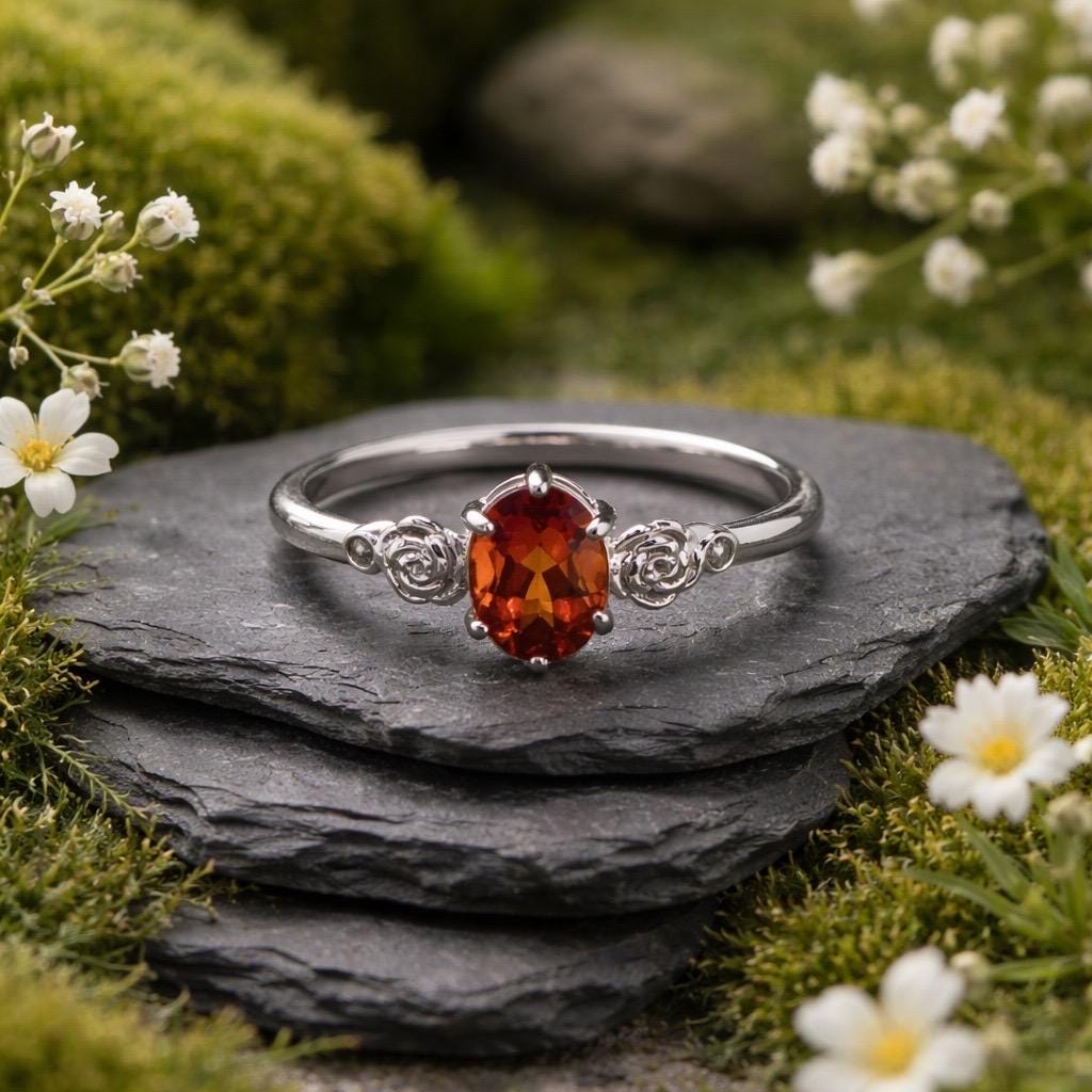 Orange Citrine Floral Ring in 925 Sterling Silver - Adjustable Minimalist Jewellery Celtic Dragon Jewellery