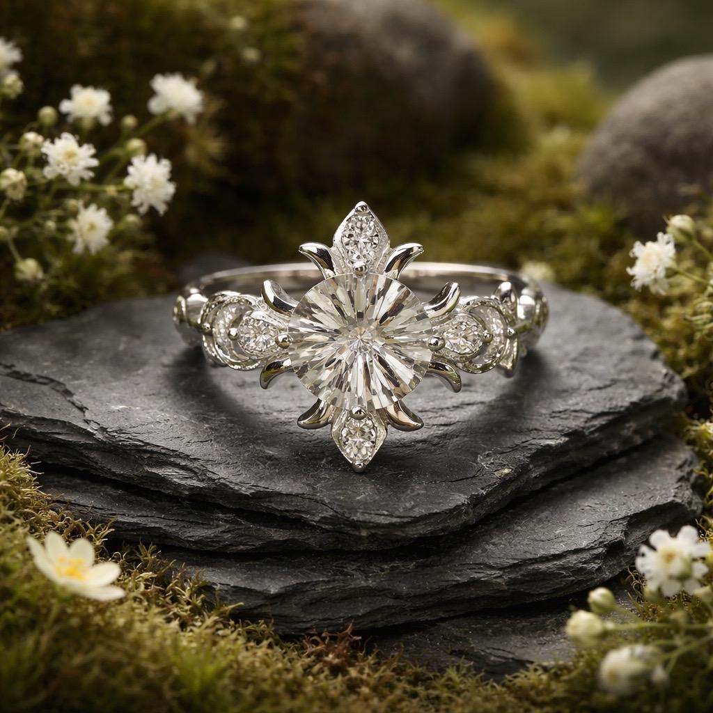 Fleur De Lys Ring with Clear Quartz in 925 Sterling Silver - Adjustable Statement Jewellery Celtic Dragon Jewellery