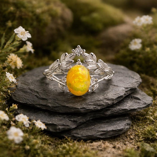 Chevron Vine Leaf Ring with Opal in 925 Sterling Silver - Adjustable Statement Jewellery