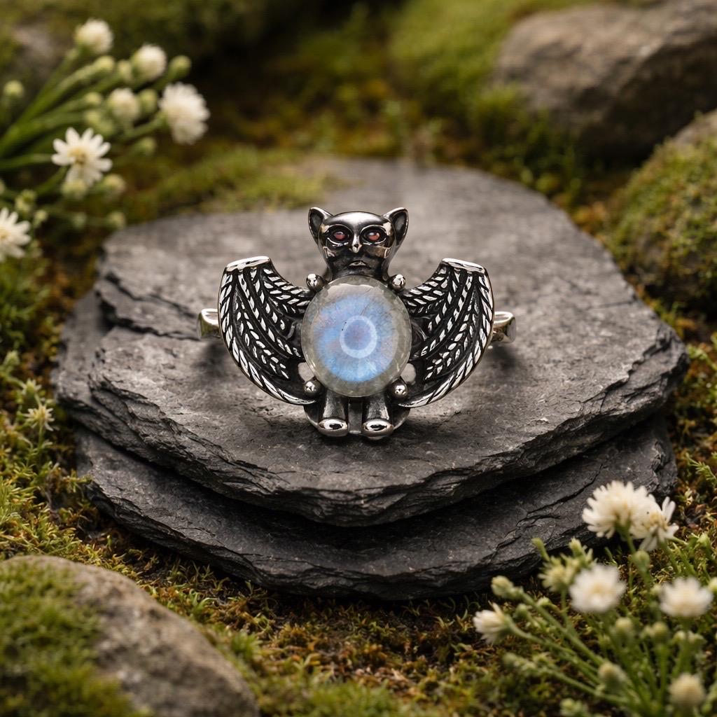 Bat Ring with Labradorite in 925 Sterling Silver - Adjustable Gothic Vampire Jewellery