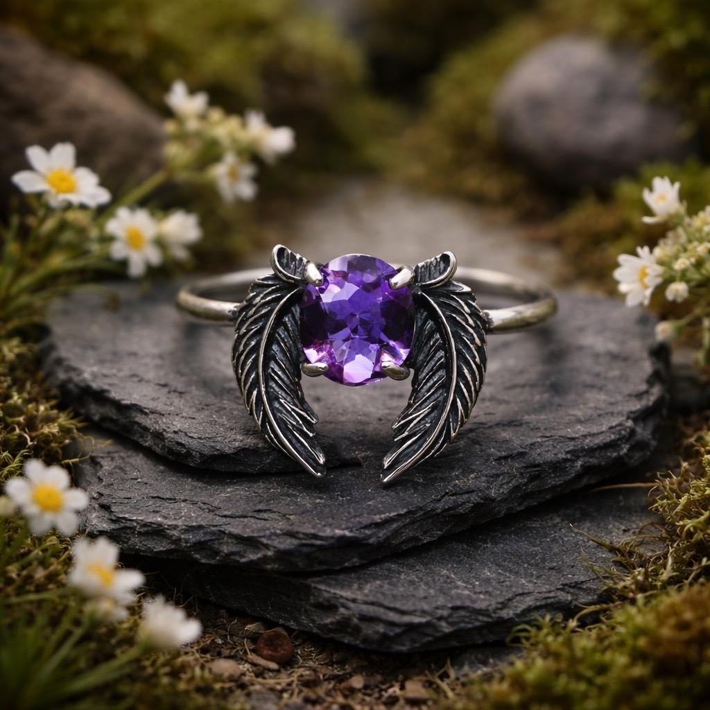 Angel Wings Ring with Amethyst in 925 Sterling Silver, Adjustable Guardian Angel Jewellery Celtic Dragon Jewellery
