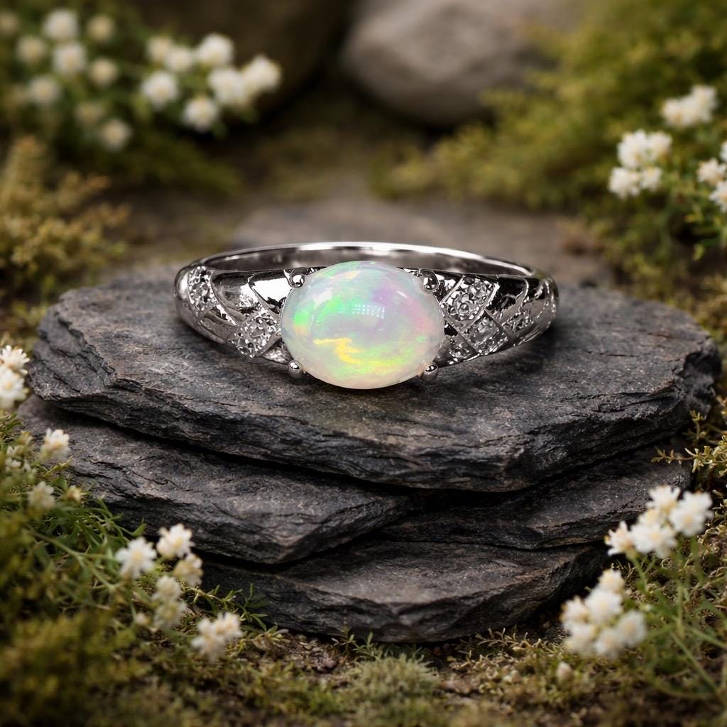 Opal Ring with CZ Accents in 925 Sterling Silver - Adjustable Jewellery Celtic Dragon Jewellery