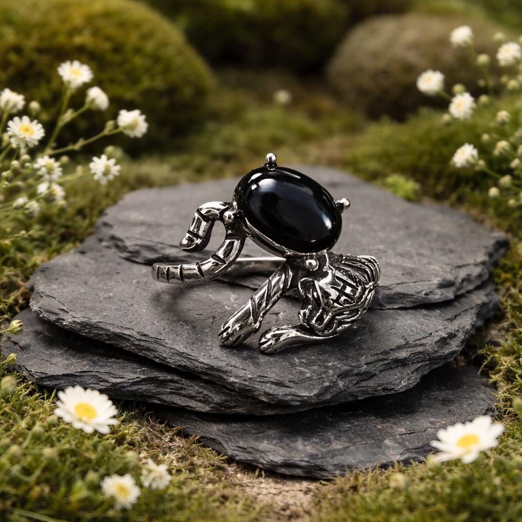 Tiger Statement Ring with Hypersthene in 925 Sterling Silver - Adjustable Animal Jewellery Celtic Dragon Jewellery